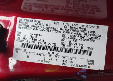 2014 Ford Focus Se z USA, uszkodzony, nr VIN 1FADP3K26EL250853